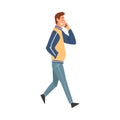 Young Man Talking on Smartphone While Walking, Cheerful Guy Using Digital Gadget Vector Illustration