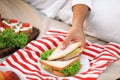 Young man with tasty sandwich lying on picnic blanket