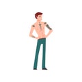 Young Man with Tattoo, Attractive Tattooed Guy with Bare Chest Vector Illustration