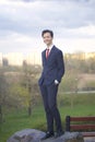 A young man, a teenager, in a classic suit. Standing on a big boulder in a spring park, putting his hands in his pockets. Royalty Free Stock Photo