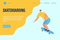 A young man or teenager rides a skateboard landing page