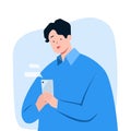 Young man texting message on smartphone, vector character illustration