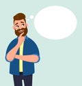 Young man thinking and blank thought/speech bubble. Human emotion and body language concept illustration in vector cartoon style.