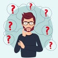 Young man thinking standing under question marks. Man surrounded by question marks concept. Flat vector illustration.