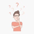 A young man thinks by applying a finger to his chin. Male is thinking with question mark and troubled expression. Vector. Royalty Free Stock Photo