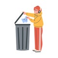 Young man throwing garbage in trash bin, cartoon eco friendly teenager in headphones, good behavior vector isolated