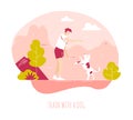 Young man to train a dog in nature. Summer card in flat linear style. Vector Royalty Free Stock Photo