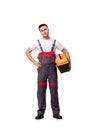The young man with toolkit toolbox isolated on white Royalty Free Stock Photo