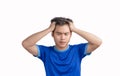 Young man touching his head and keeping eyes closed isolated on white background, suffering from severe headache or migraine pain Royalty Free Stock Photo