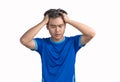 Young man touching his head and keeping eyes closed isolated on white background, suffering from severe headache or migraine pain Royalty Free Stock Photo