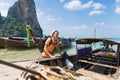 Young Man Tourist Long Tail Thailand Boat Port Ocean Guy Sea Vacation Travel Trip Royalty Free Stock Photo