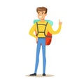 Young man tourist standing with backpack colorful cartoon character vector Illustration Royalty Free Stock Photo