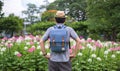Young man tourists backpack are sitting visit spider flower garden. during traveling in the holidays. It is a beautiful natural