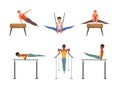 Young Man Training on Different Gymnastics Apparatus Like Horizontal and Parallel Bars Vector Set