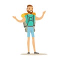 Young man traveler standing with backpack. Summer camping colorful cartoon character vector Illustration Royalty Free Stock Photo