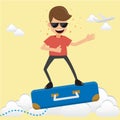 Young Man Traveler Standing on the Suitcase on the Sky. Concept Travel Vector Illustration Flat Style. Royalty Free Stock Photo