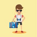 Young Man Traveler with Suitcase and Camera. Concept Travel Vector Illustration Flat Style. Royalty Free Stock Photo