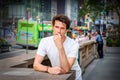 A Young Man is traveling in New York City in summer Royalty Free Stock Photo