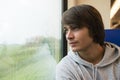 Young Man Travelling In Train Royalty Free Stock Photo