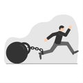 A young man tries to escape with a huge weight on a chain. A symbol of limiting beliefs. Life restrictions. Vector illustration