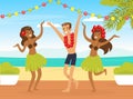 Young Man and Two Girls Hula Dancers Dancing on the Beach, Guy Having Fun on Summer Vacation on Seashore Cartoon Vector Royalty Free Stock Photo