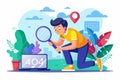A young man uses a magnifying glass to investigate a computer showing a 404 error in a vibrant setting, Man searching for 404