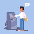 Young man using cashpoint flat color illustration