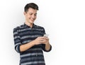 Young Man Using Phone Smile Happy