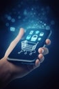 Young man using smartphone with shopping cart icon, Online shopping and product procurement management concept AI generated