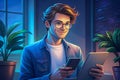 Young man using a smartphone and tablet with a warm glow Royalty Free Stock Photo