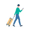 Young man using smartphone and walk to the airport with suitcase. Vector illustration