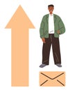 Confident man standing with upward arrow and envelope symbolizing growth and effective communication Royalty Free Stock Photo