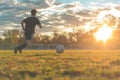 A young man vigorously kicking a soccer ball on a grassy field under a clear sky, A soccer player practicing drills in an empty Royalty Free Stock Photo