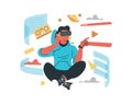 Young man in virtual reality glasses. Vector illustration in digital native concept