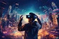 Young man with virtual reality headset or 3d glasses over cityscape background, Man playing video games with virtual reality Royalty Free Stock Photo