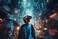 Young man with virtual reality headset or 3d glasses over night city background, a person wearing virtual reality glasses, Royalty Free Stock Photo