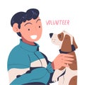 Young Man Volunteer Caring of Homeless Dog Pet Vector Illustration