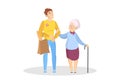 Young man volunteer help old woman and carry her bag Royalty Free Stock Photo