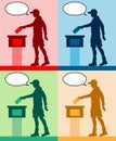 Young man voter silhouettes with different colored speech bubble