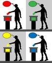 young man voter silhouettes with different colored thought bubble by voting for election