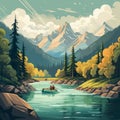 Sailor On A Boat: Whistlerian Illustration Of River With Trees And Mountains