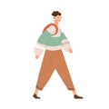 Young man walking with backpack. Guy going in casual clothes and eyeglasses. Person moving forward. Colored flat vector
