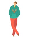 Young man walking casually wearing a hoodie with reindeer design. Modern casual outfit, winter fashion vector