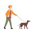 Young man walking with dog in autumn casual clothes vector Illustration on a white background Royalty Free Stock Photo