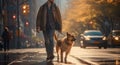 young man walking dog in the city in autumn day, AI Generated Royalty Free Stock Photo