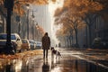 young man walking dog in the city in autumn day, AI Generated Royalty Free Stock Photo