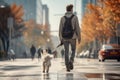 young man walking dog in the city in autumn day, AI Generated Royalty Free Stock Photo