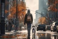 young man walking dog in the city in autumn day, AI Generated Royalty Free Stock Photo