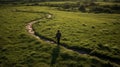 Young Man Walking In Grassy Field: Gauzy Atmospheric Landscape