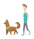 Young man walking with his dog. Modern flat illustration. Hand drawn style vector design illustration. Character design Royalty Free Stock Photo